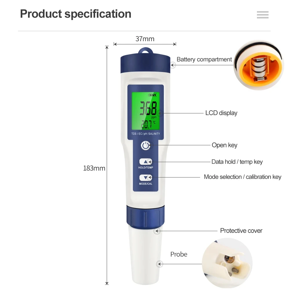Ec Meter Digital - 5-in-1 디지털 PH TDS EC 염도